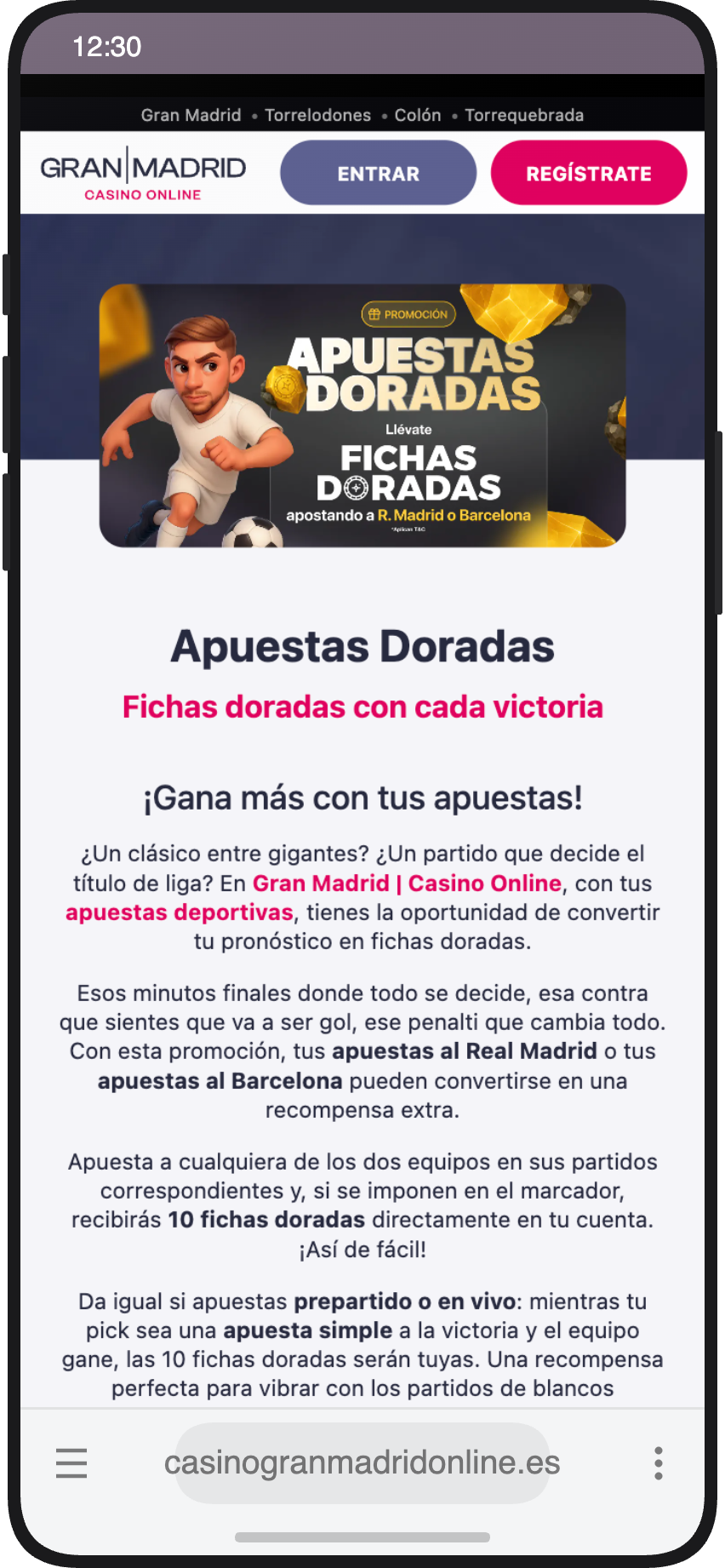 Promoción Apuestas Doradas de Casino Gran Madrid Online con fichas doradas por victorias de Real Madrid y Barcelona