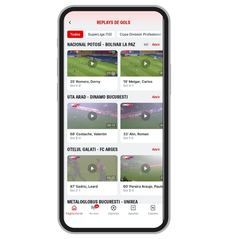 Replay gols no app da Superbet 