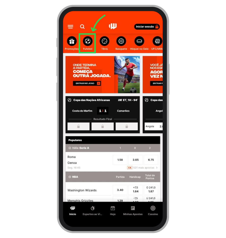 Escolha esporte na lista de modalidades localizada na parte superior da interface mobile