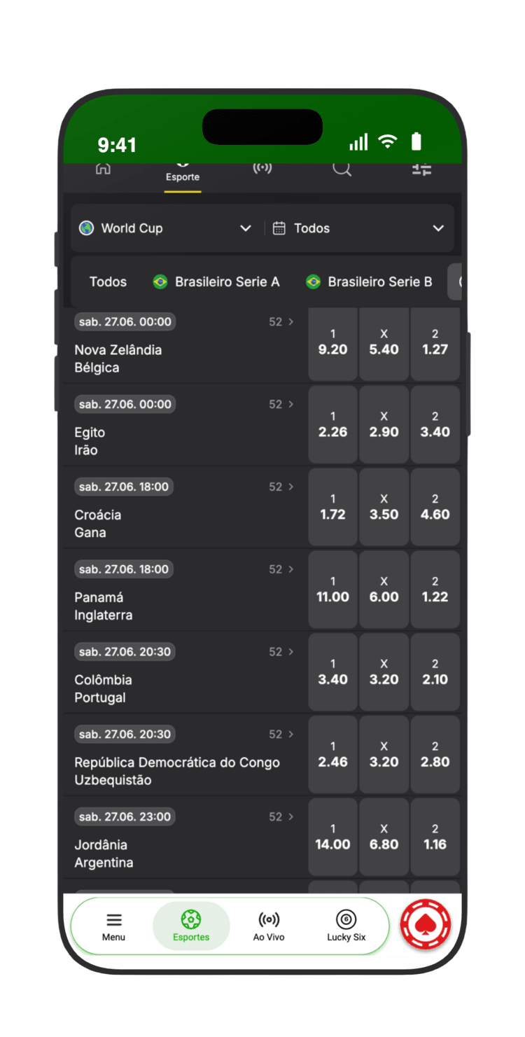 Toque em RD Congo vs Uzbequistão na Brazino777 para ver as odds 1X2 da rodada 3 (27/06)