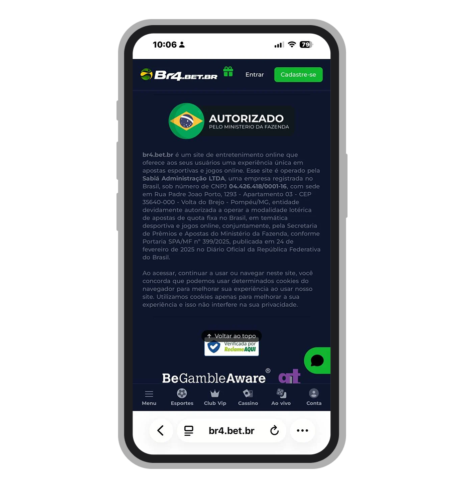 Disclaimer do site Br4Bet exibindo a licença SPA/MF nº 399 de 24 de fevereiro de 2025