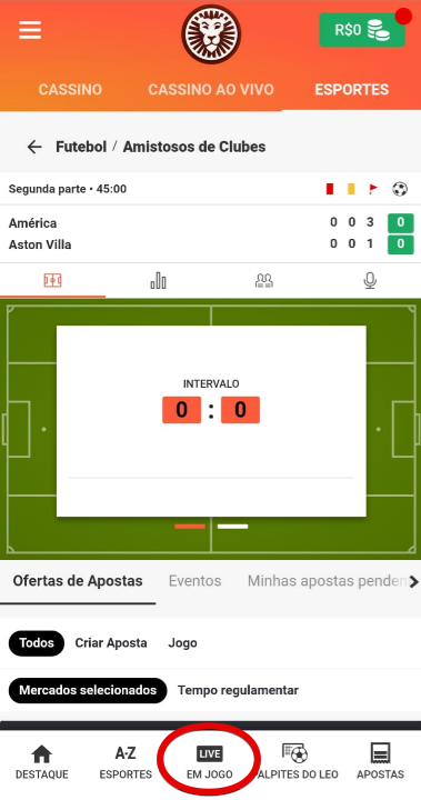 Para apostar na LeoVegas ao vivo, selecione botão “Live Em Jogo”