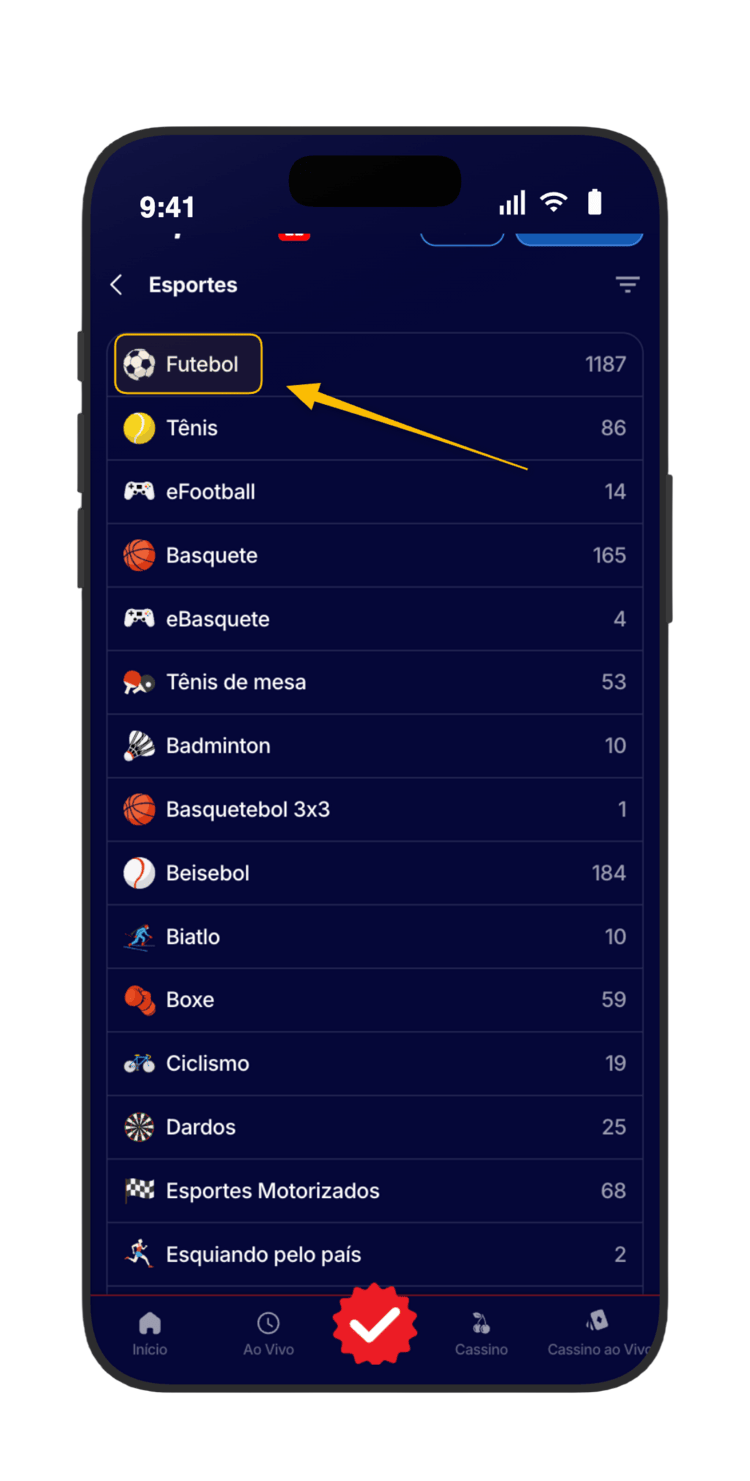 Toque em Futebol no menu de Esportes da HiperBet