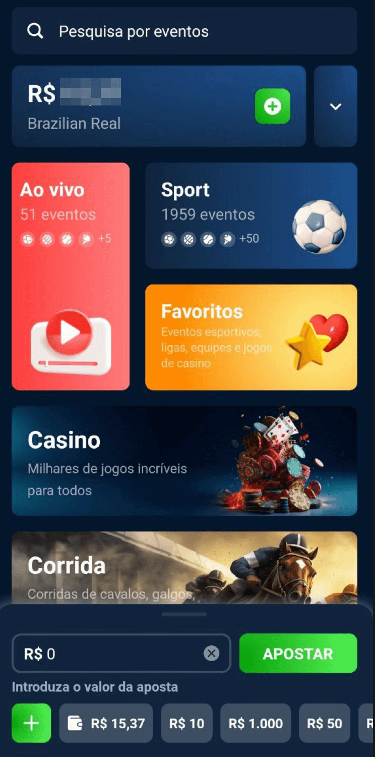 A tela inicial do 20Bet app