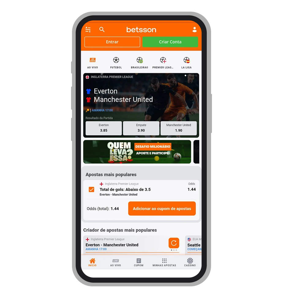 Tela principal de Esportes no aplicativo Betsson
