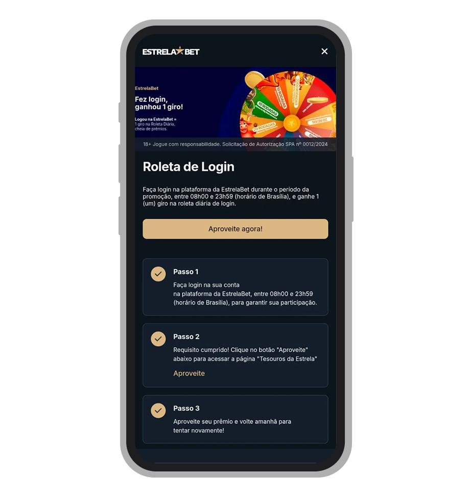 Oferta Roleta de Login no site mobile da EstrelaBet 