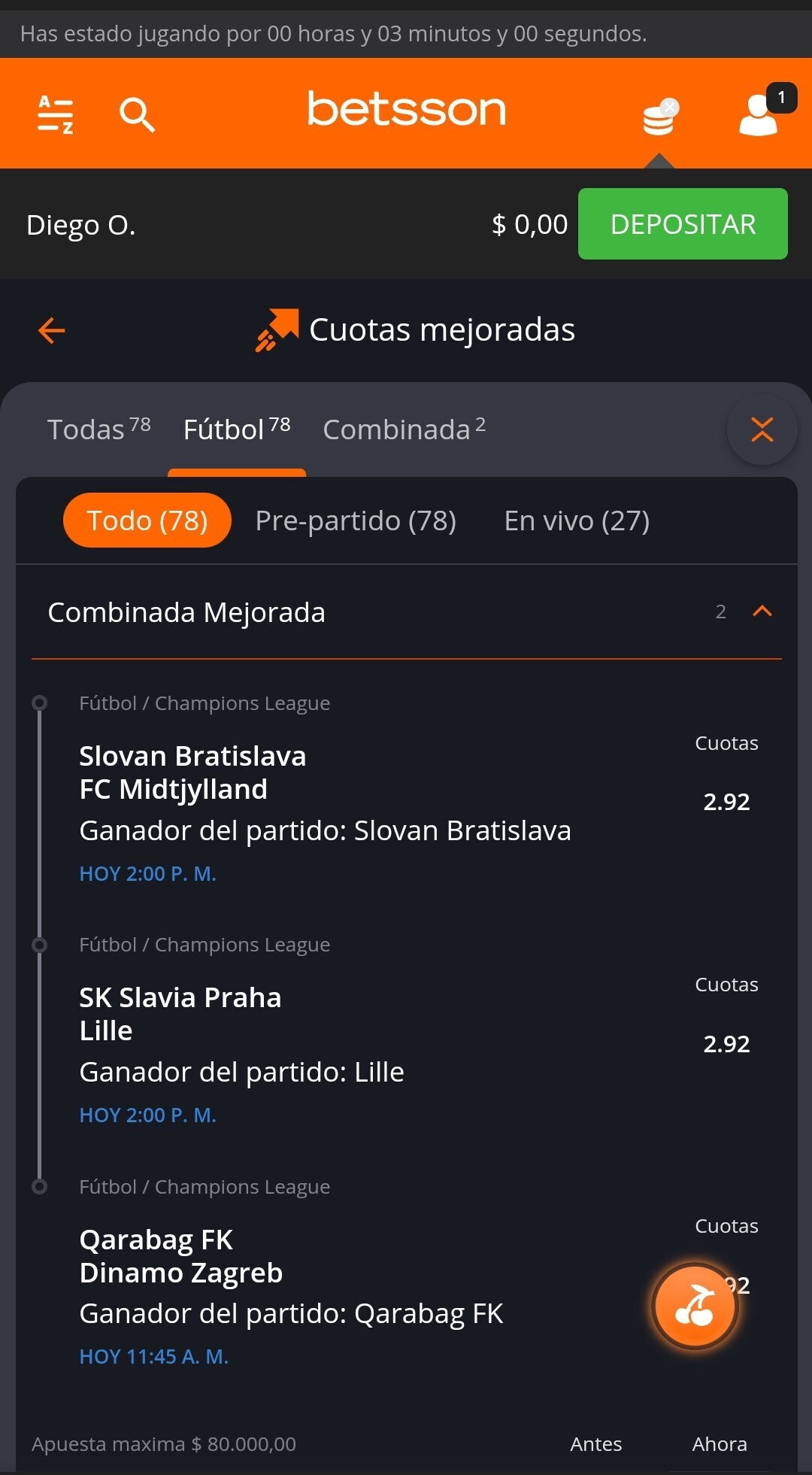 Sección de Cuotas Mejoradas, Betsson móvil