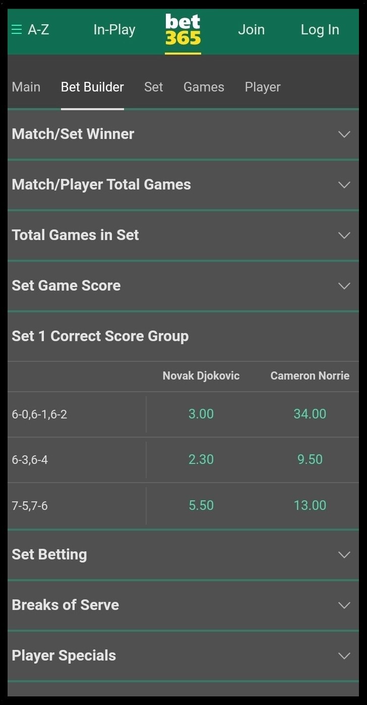 Options to combine bets in tennis