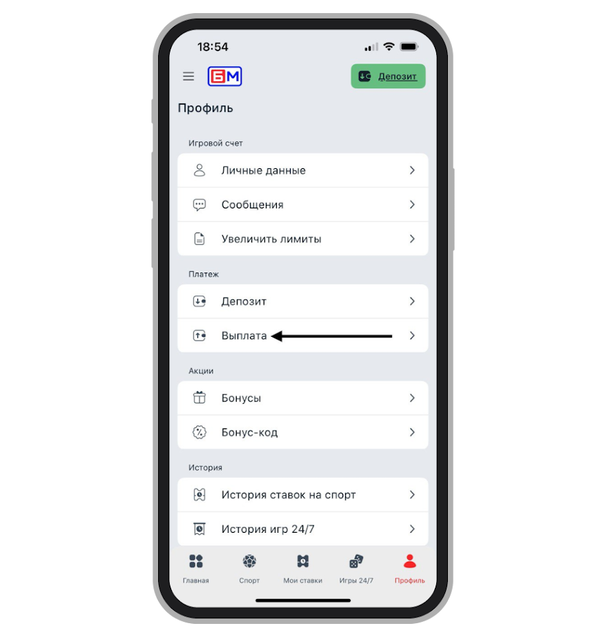 Выбор раздела «Выплата»