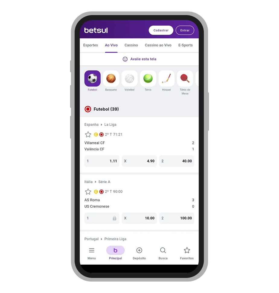 Seção de apostas ao vivo 