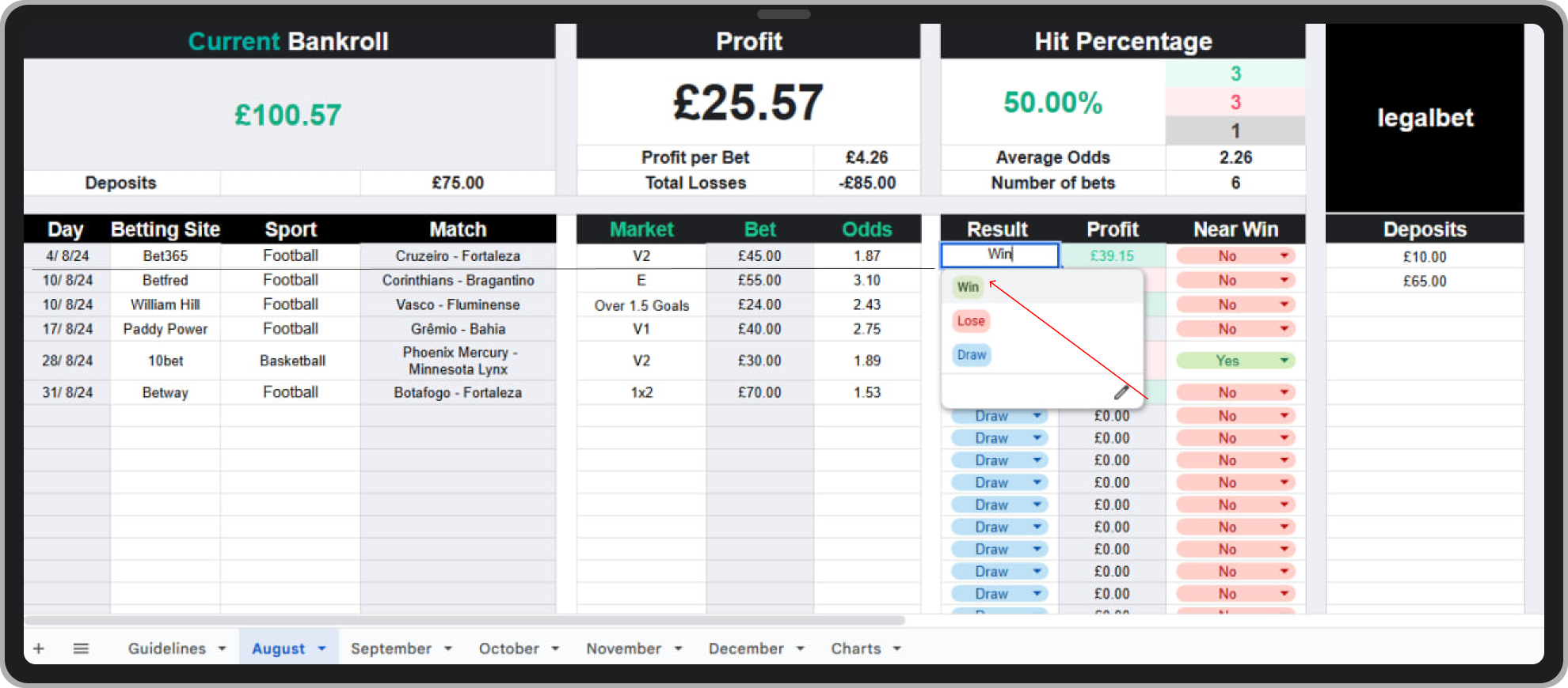 Now choose the result of the bet