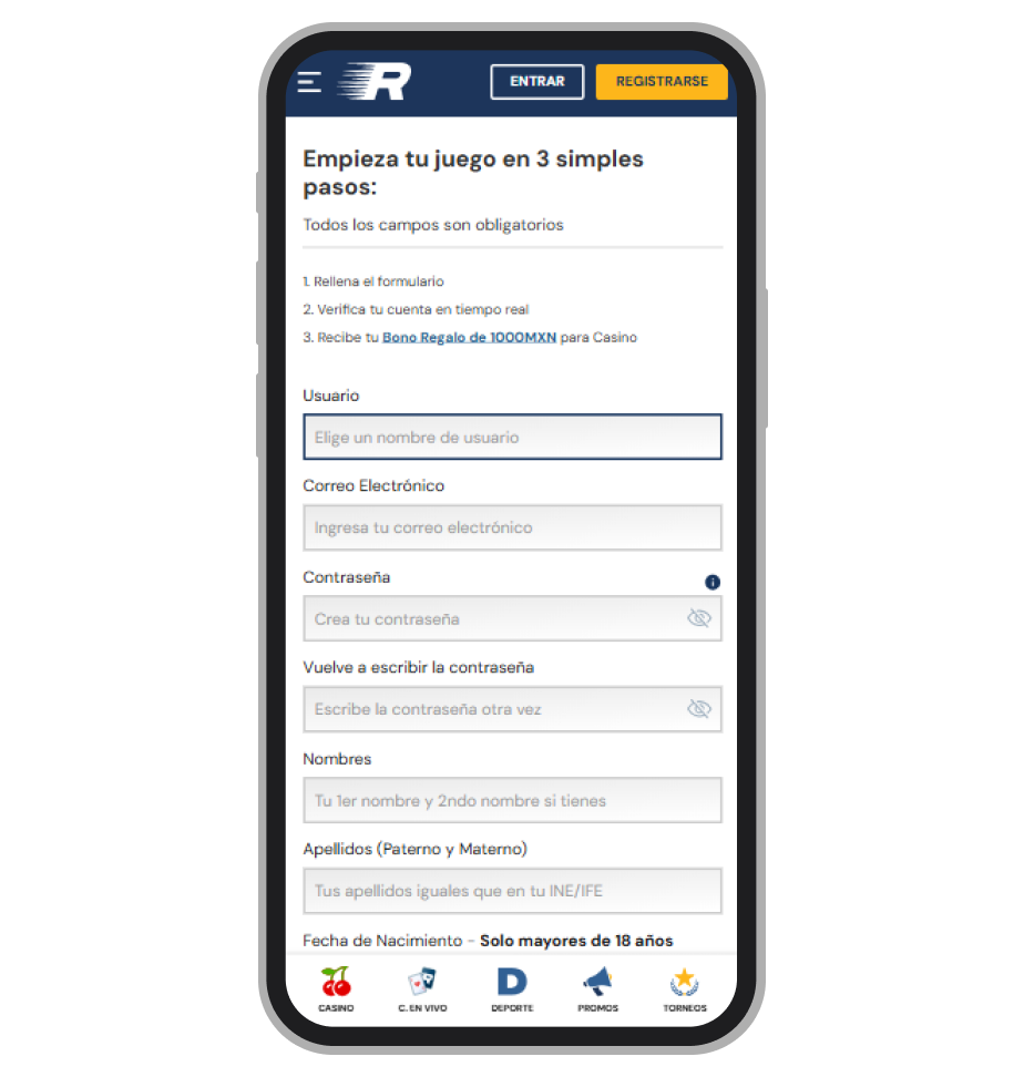 Formulario de registro de Rushbet