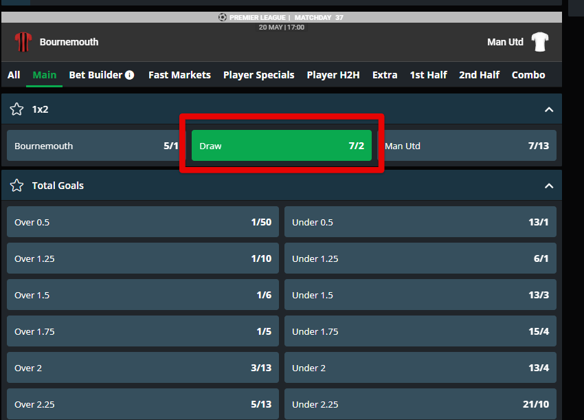 A view of the standard betting page at Sportsbetio