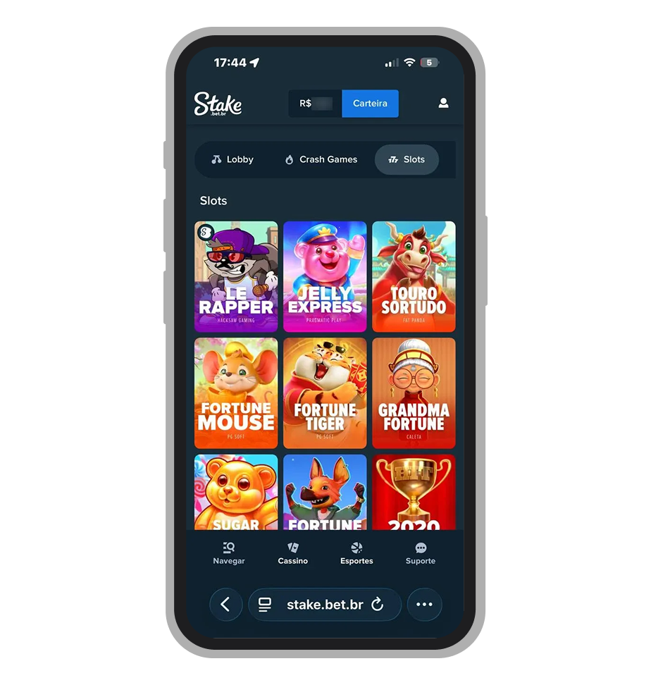 Seção de slots do cassino Stake com filtro por provedores e jogos exclusivos