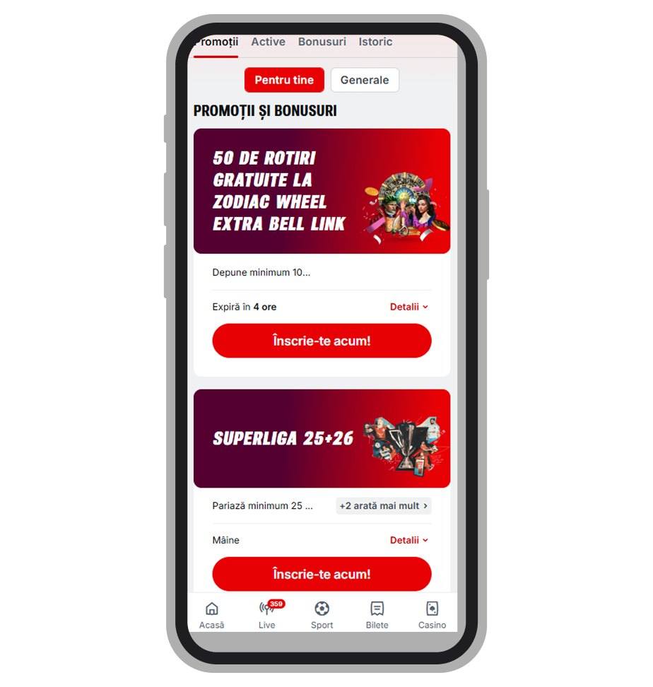 Secțiunea „Promoții și bonusuri”