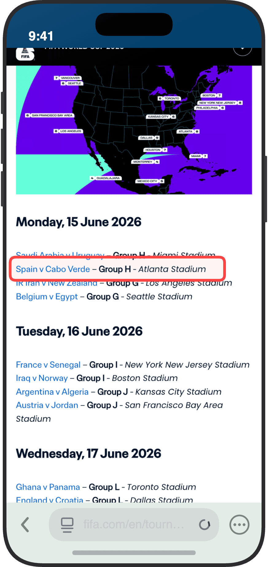 Calendario oficial de la FIFA con las sedes y partidos del Mundial 2026 destacando España vs Cabo Verde en Atlanta el 15 de junio