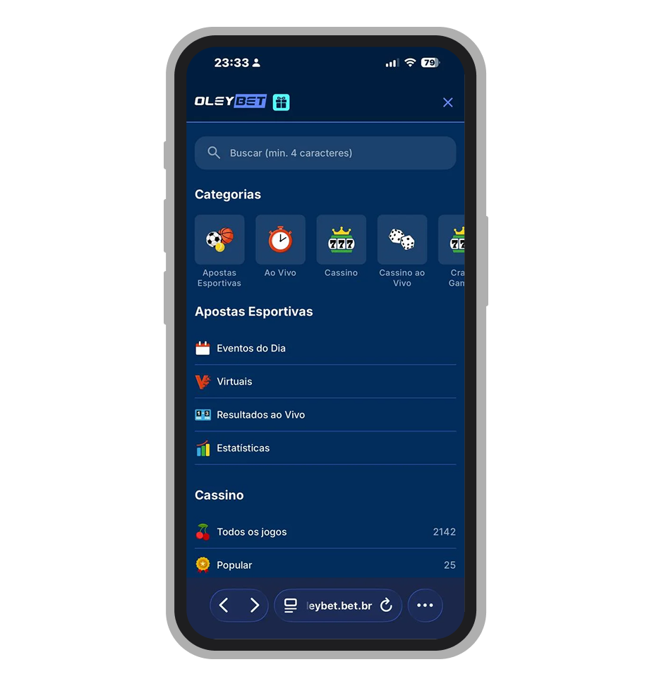 Menu lateral do site OleyBet com filtros por esporte, liga e horário de início