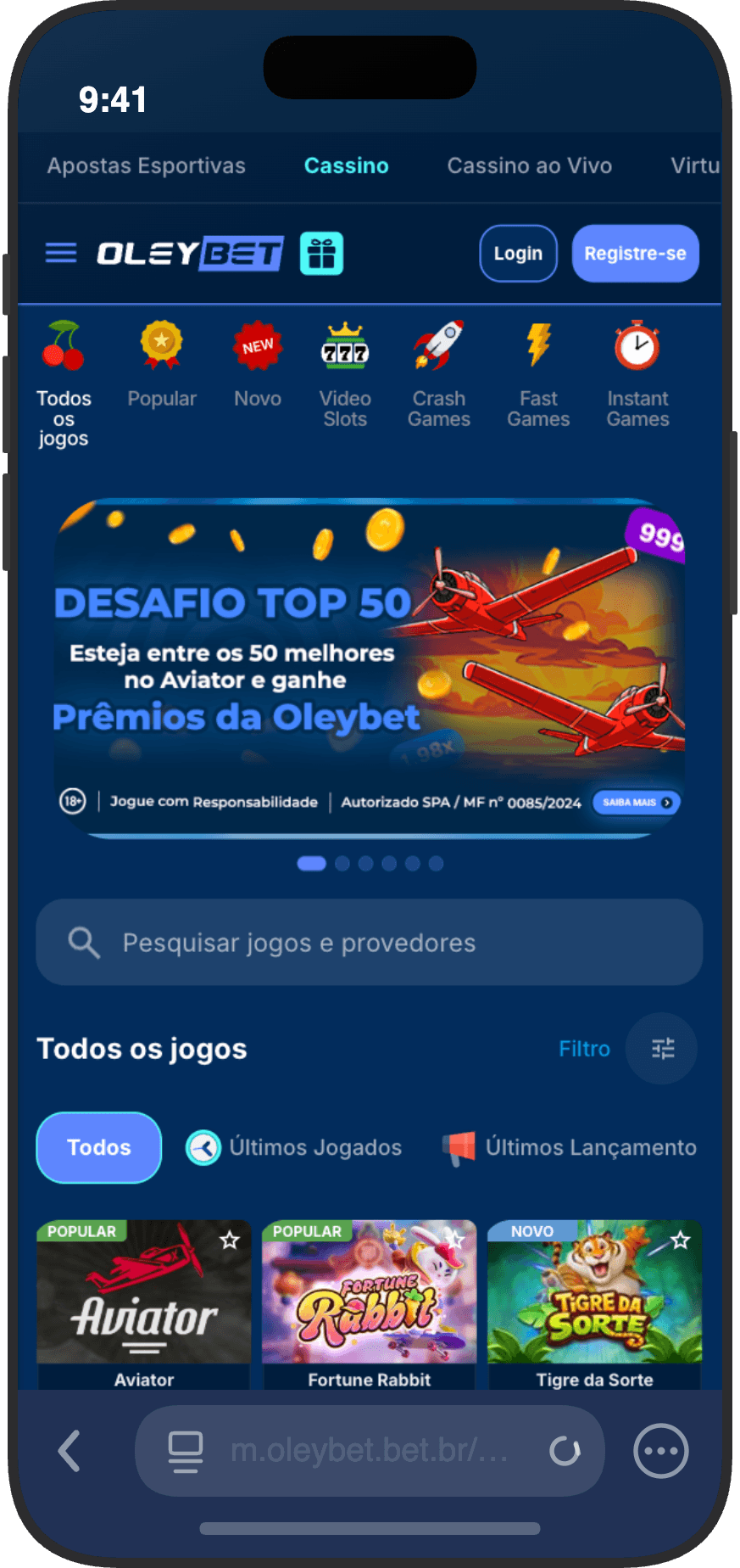 Versão mobile do cassino OleyBet com navegação por categorias e busca de jogos