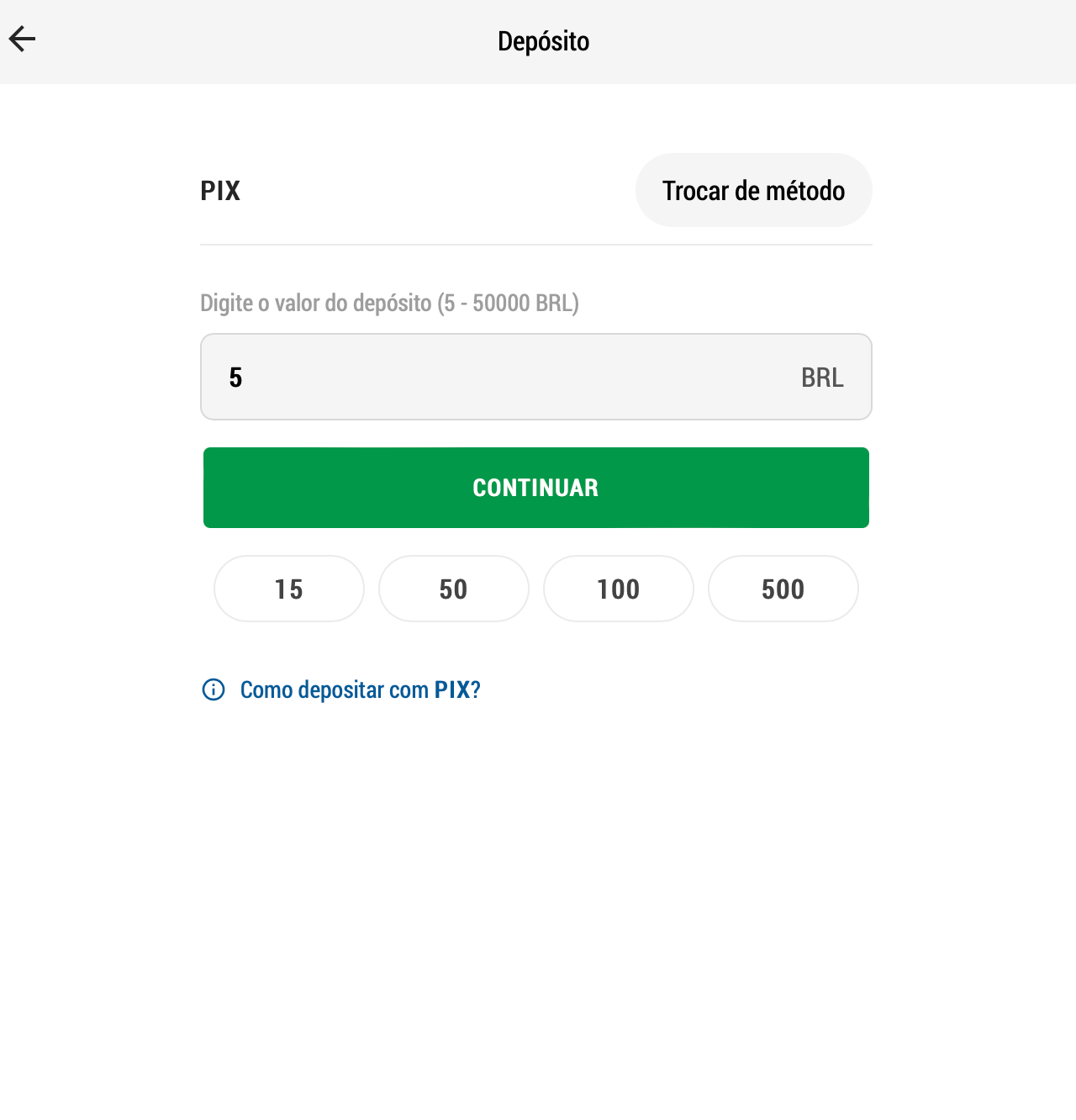 Depósito mínimo a partir de 5 reais no site de apostas.