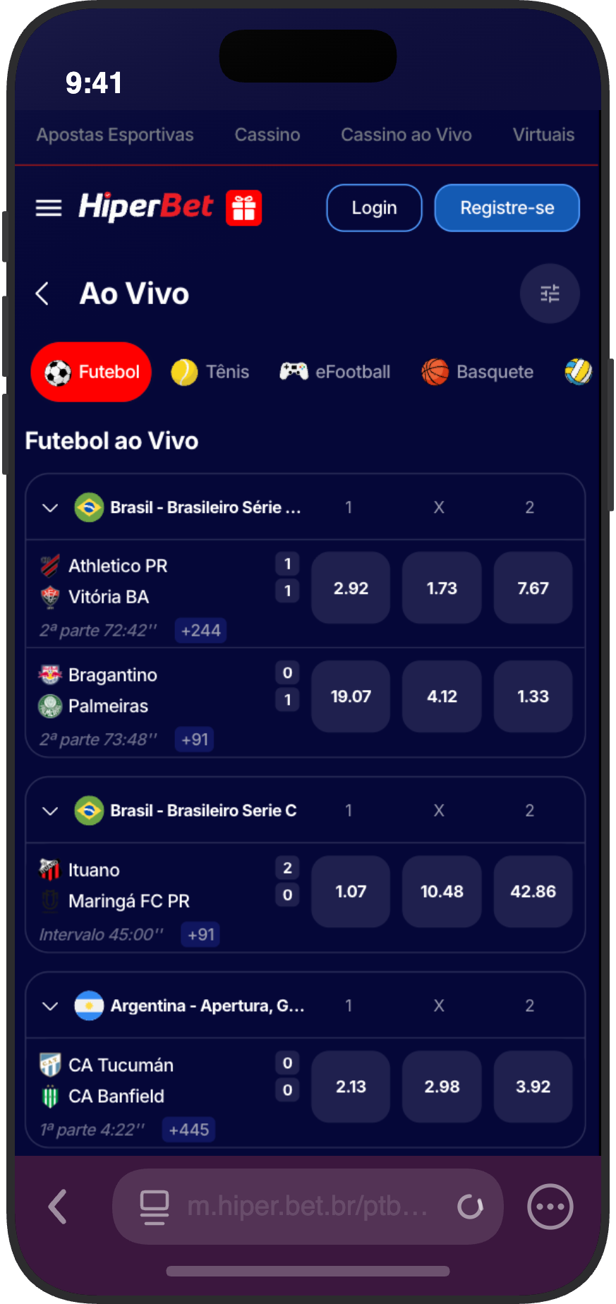 Apostas ao vivo na HiperBet com jogos do Brasileirão Série A, Série C e futebol argentino
