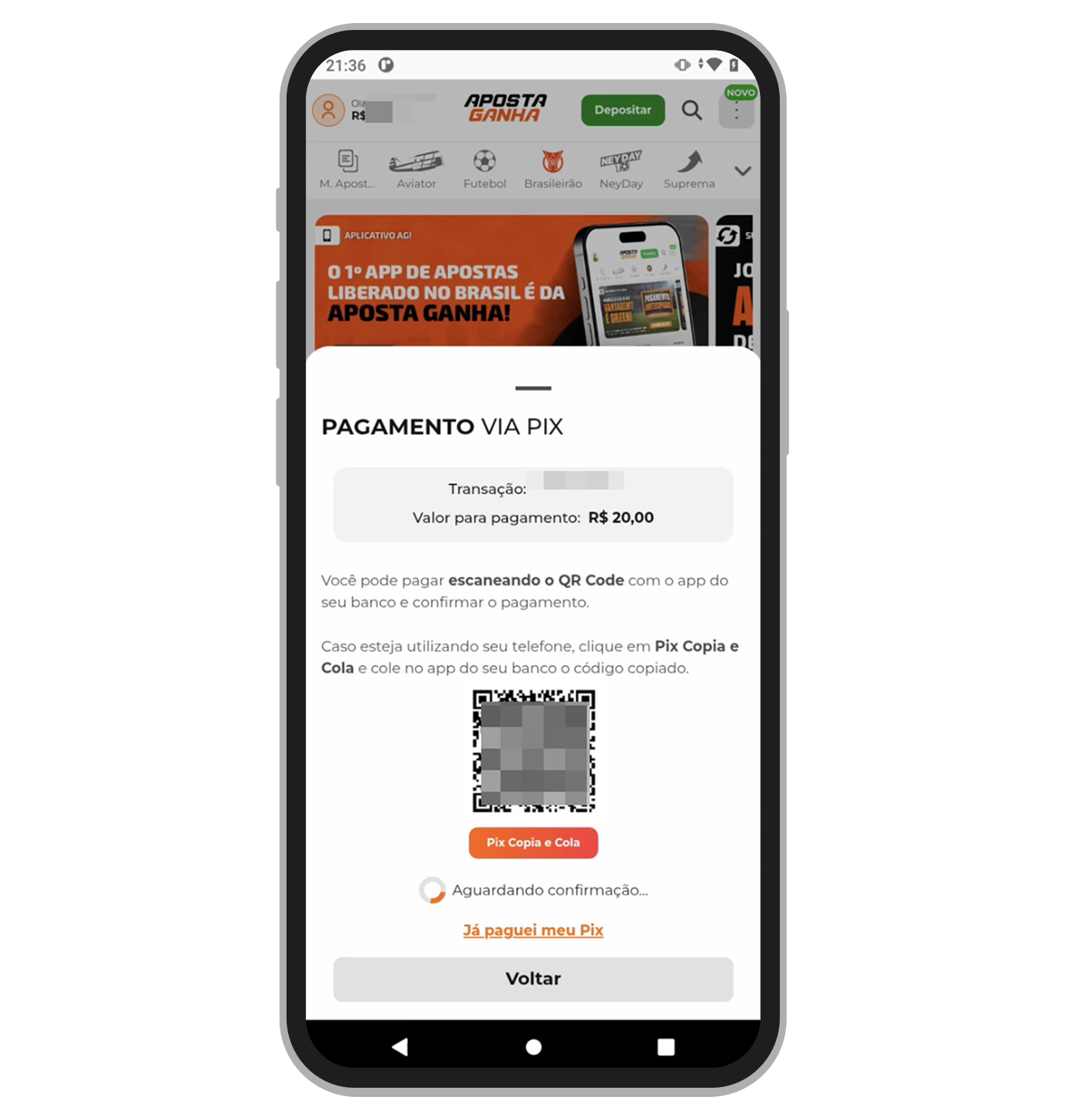 Pode proceder pagando com código Pix gerado em qualquer app bancário 