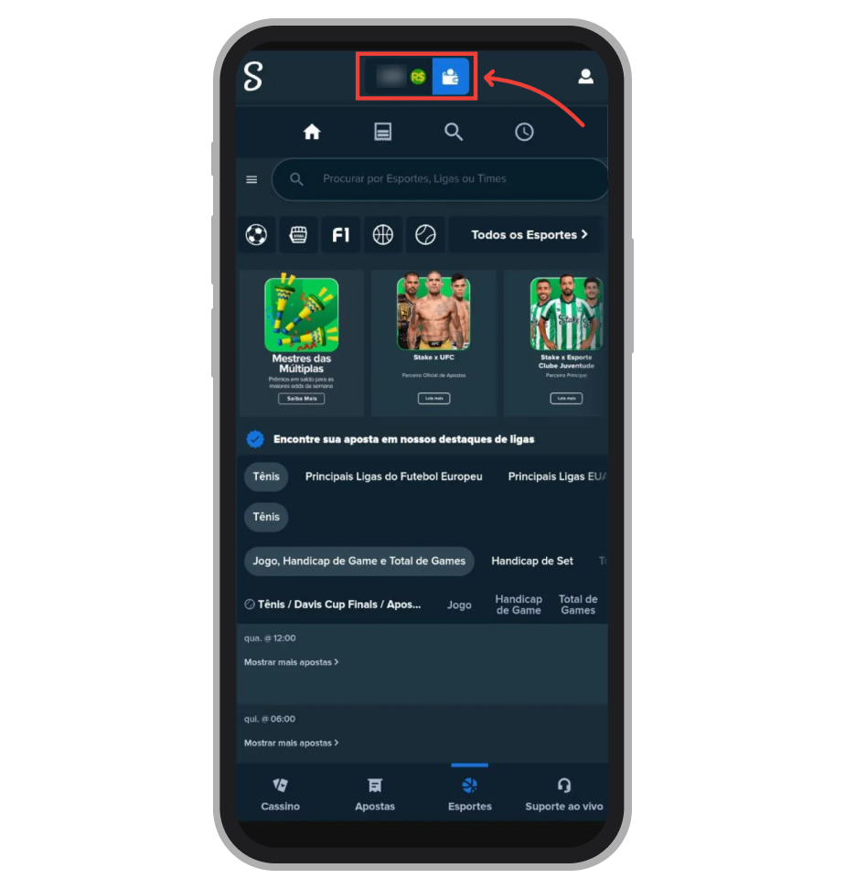 Clique em ícone da carteira 