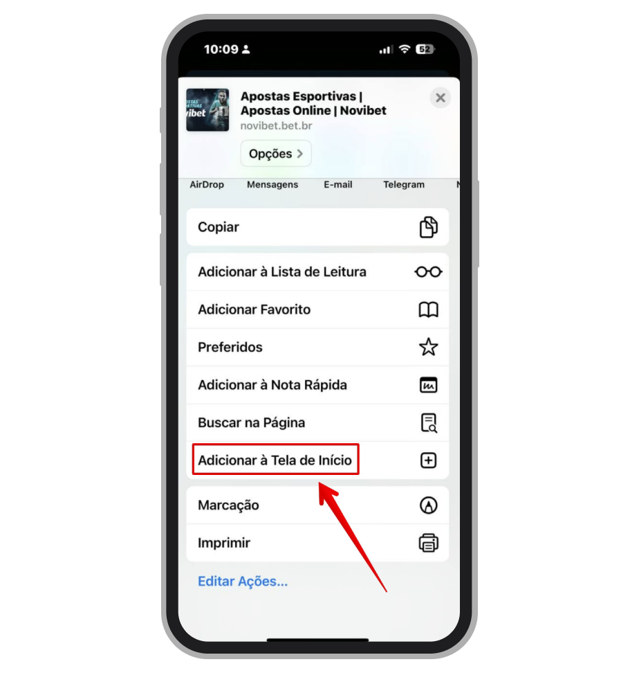 Clique no  "Adicionar à Tela de Início"