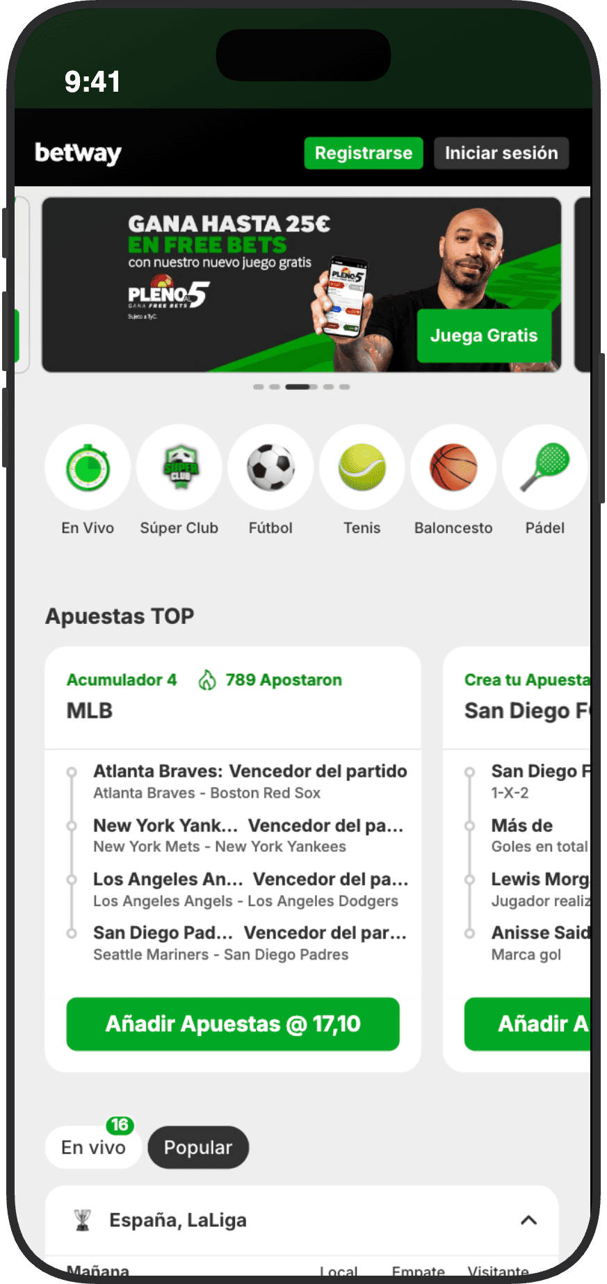 Pantalla inicial de apuestas deportivas de Betway España con banner del juego gratis Pleno 5, accesos a fútbol, tenis, baloncesto y pádel y sección Apuestas TOP
