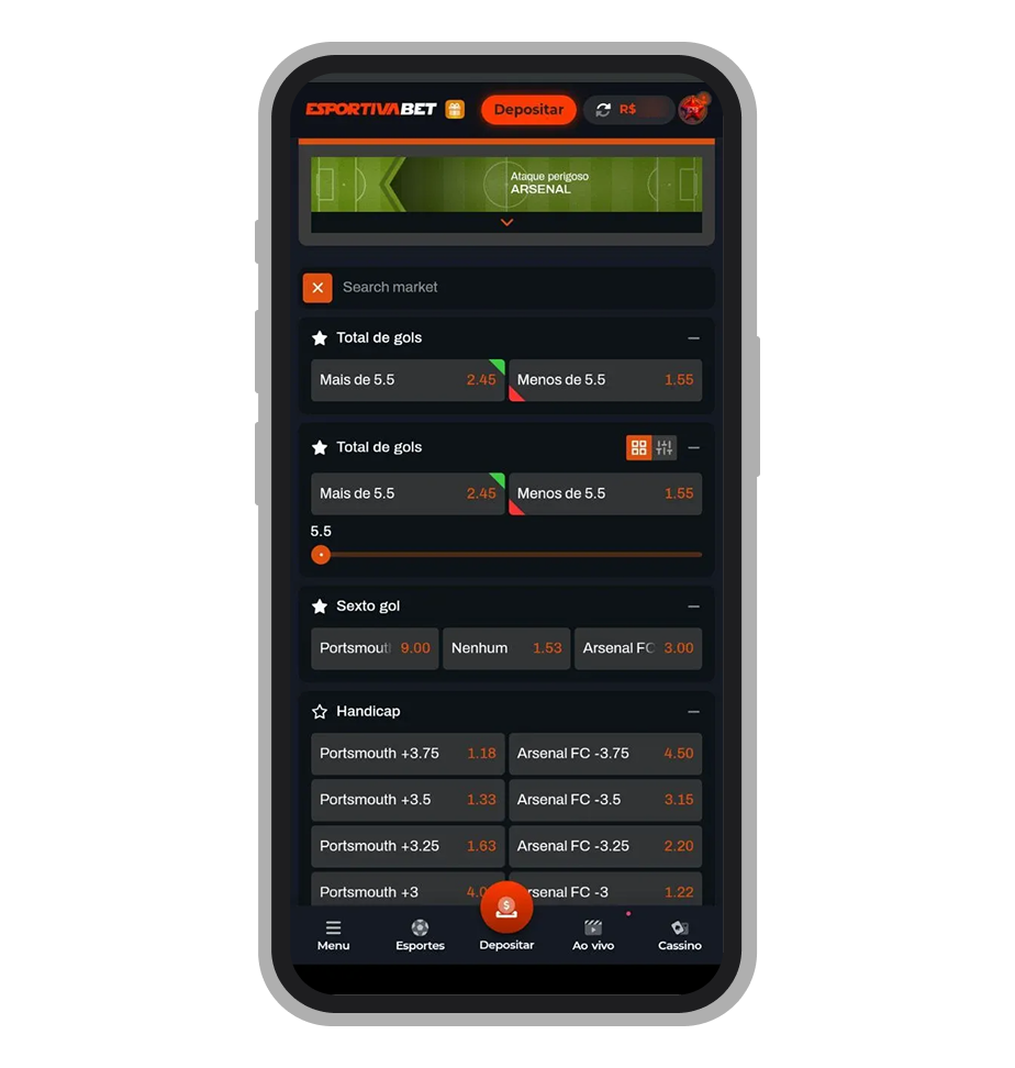 Mercados favoritos dentro do evento esportiva ao vivo 