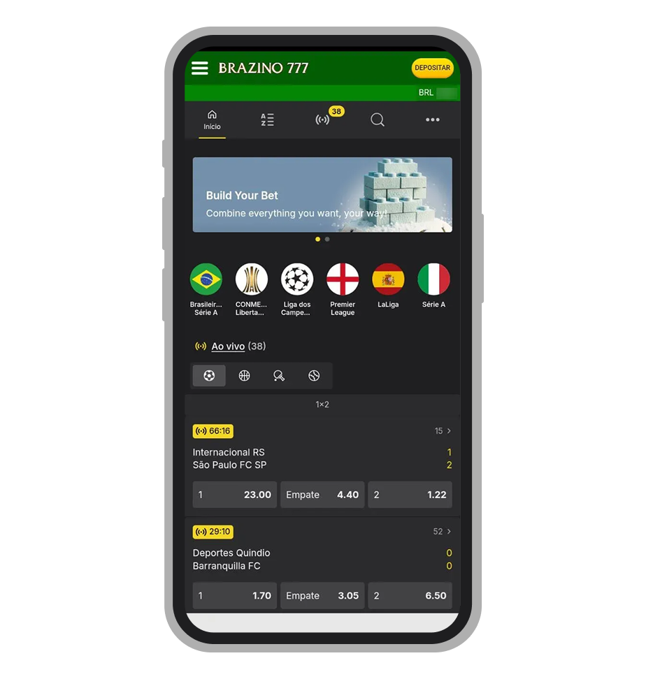 Tela inicial da seção Esportes no Brazino777 app