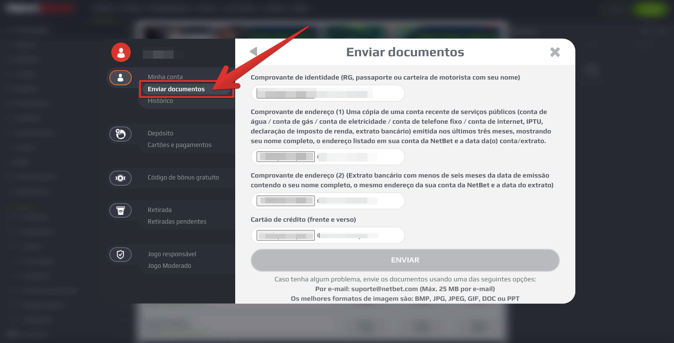 Faça upload de documentos na aba ‘Enviar’