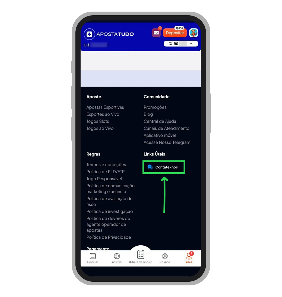 Role a tela até o rodapé do aplicativo e toque na opção “Contate-nos” 