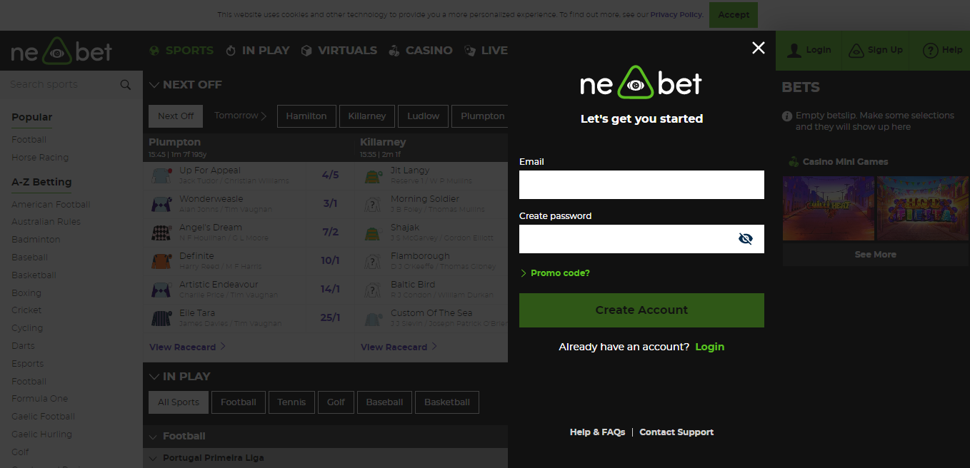 NE-Bet sign-up page