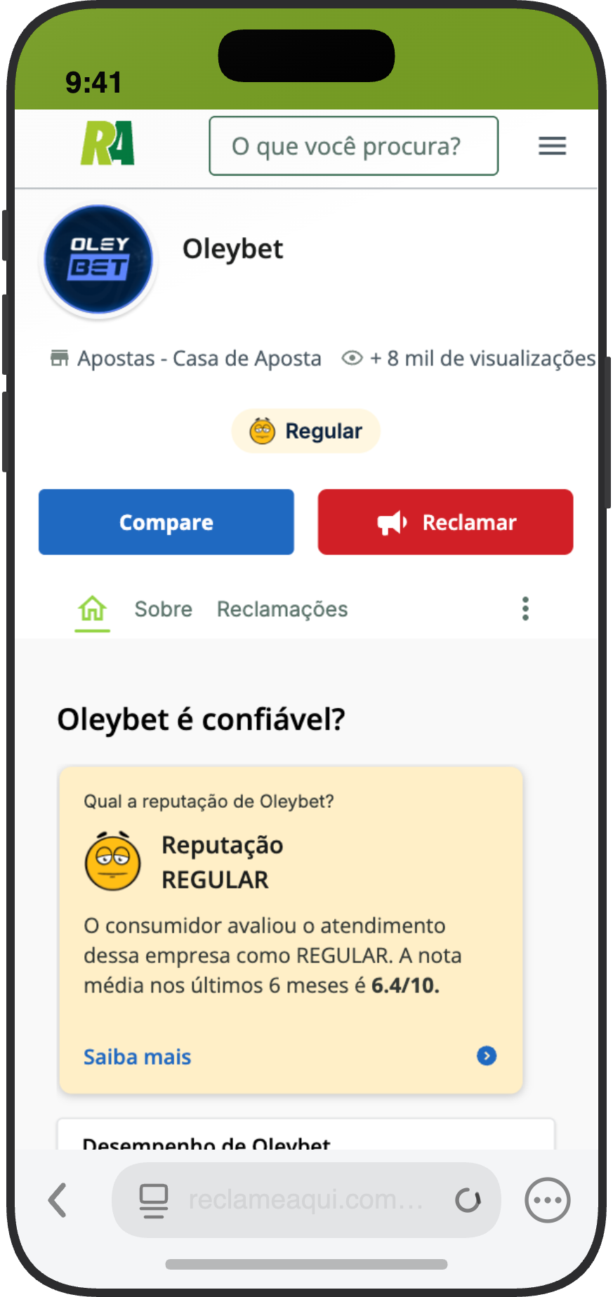Página do cassino OleyBet no Reclame Aqui com reputação Regular e nota 6,4 de 10