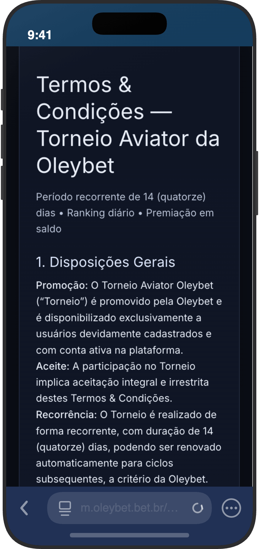 Termos do Torneio Aviator da OleyBet com ciclo de 14 dias e premiação em saldo real