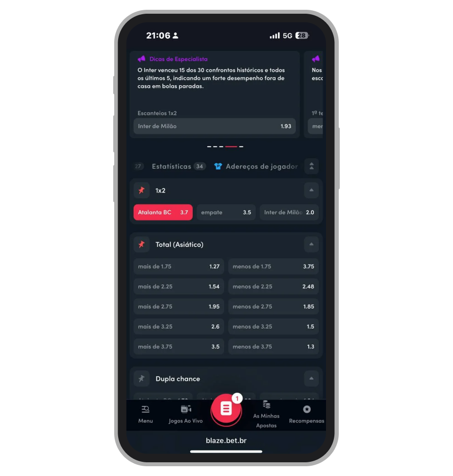 Navegue pelos mercados e clique na odd do resultado escolhido para adicioná-lo ao cupom 