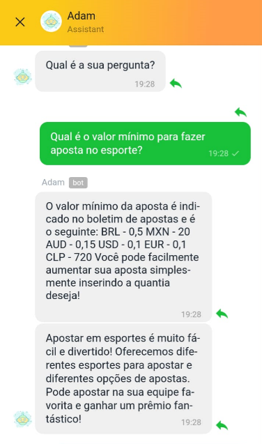 Resposta do Help Center sobre o valor da aposta mínima