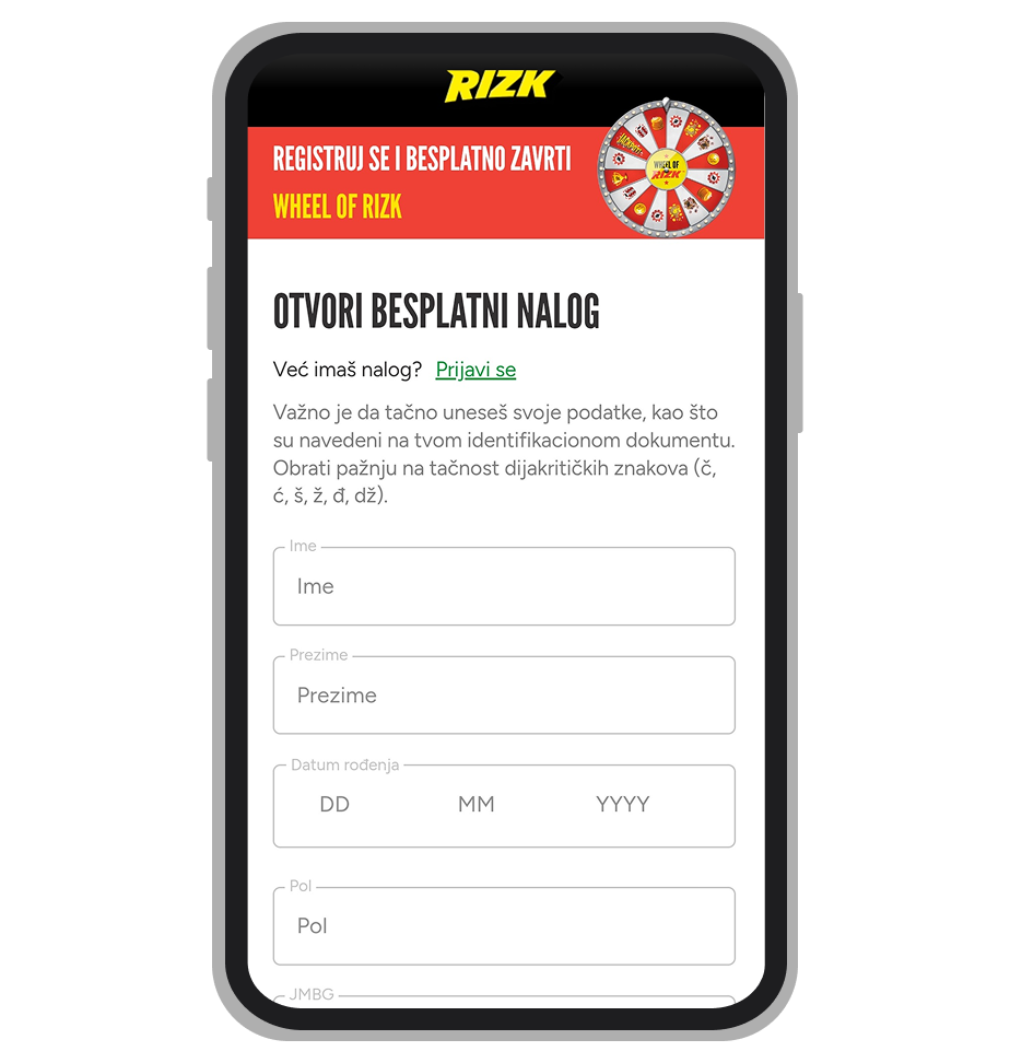 Stranica za registraciju na Rizk