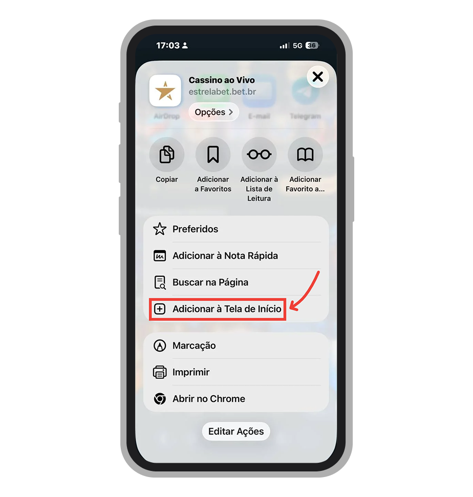 Selecione opção "Adicionar à Tela de Início"