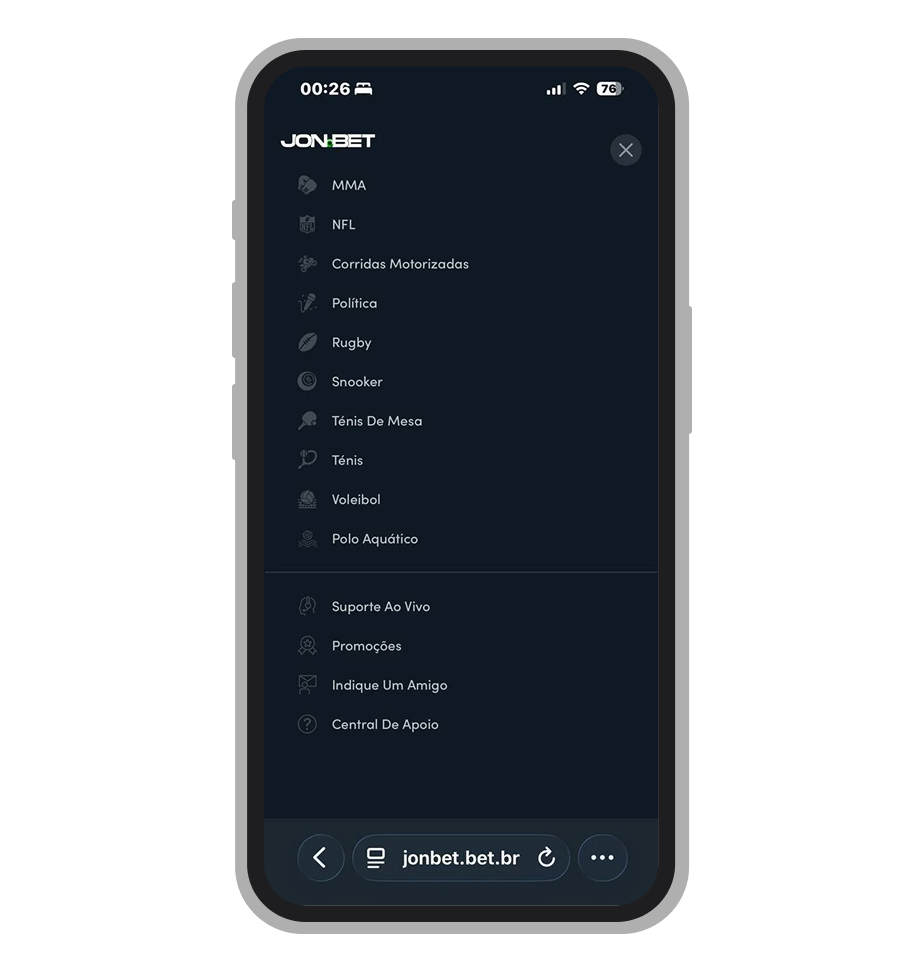 Menu lateral com esportes