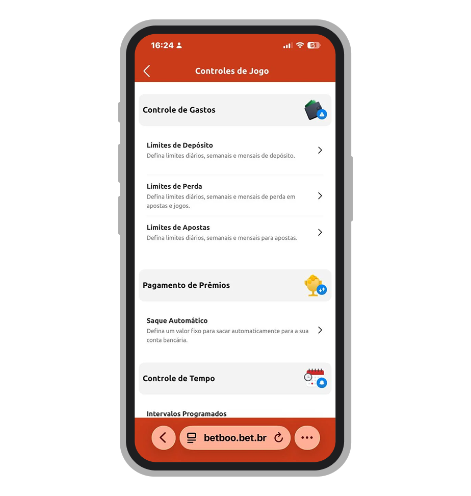 Controles de Jogo Responsável da Betboo com limites de depósito, perda, apostas e saque automático