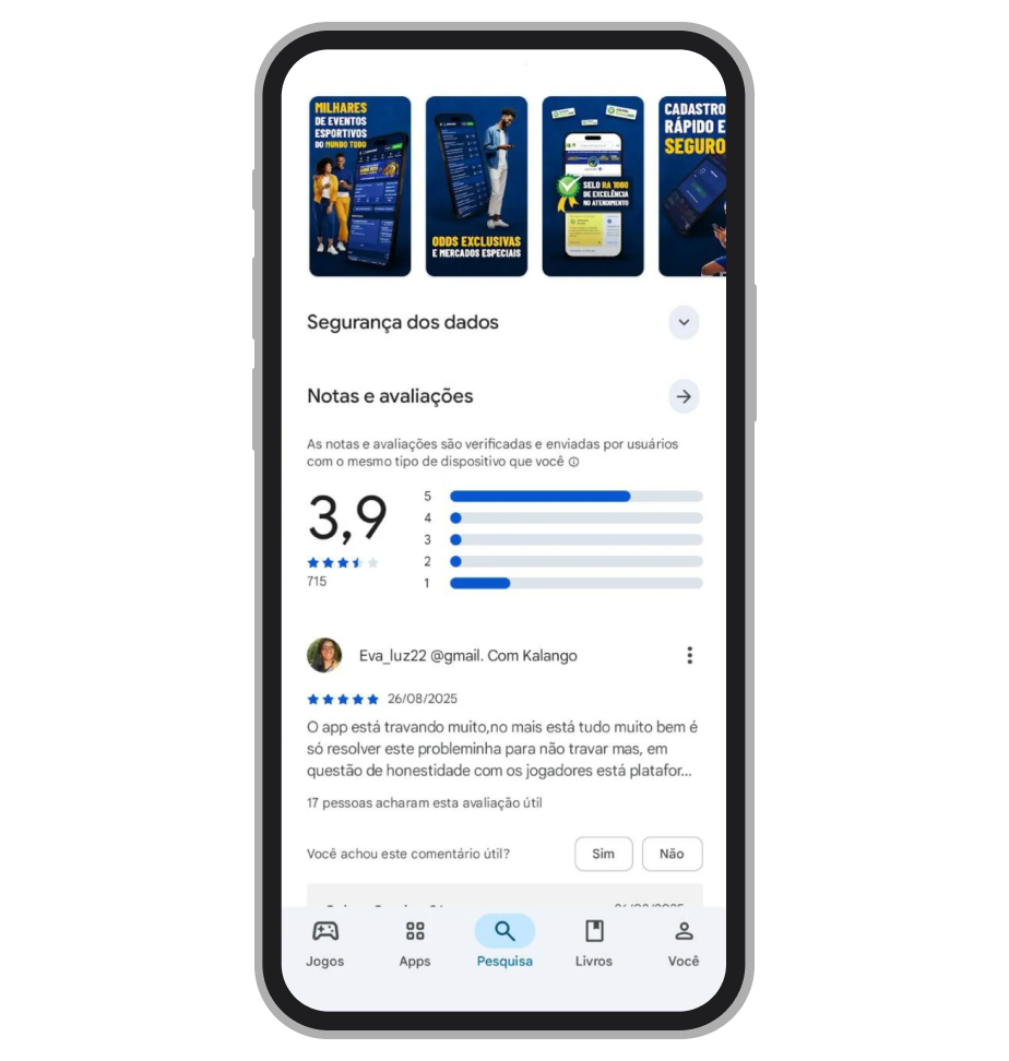 A nota que o app recebeu na Google Play 