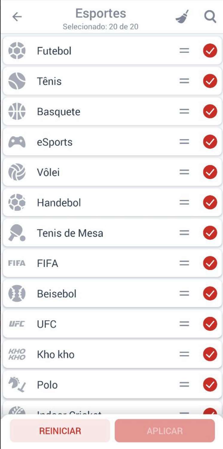 Você pode personalizar a lista de esoprtes