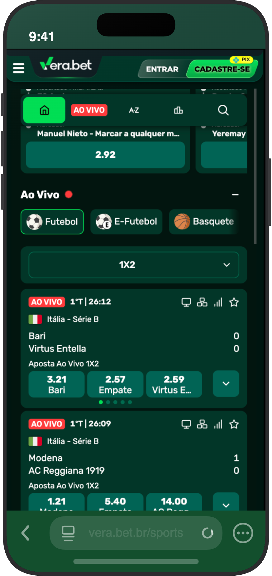 Apostas ao vivo na Vera.bet com jogos da Itália Série B e odds 1X2 em tempo real  