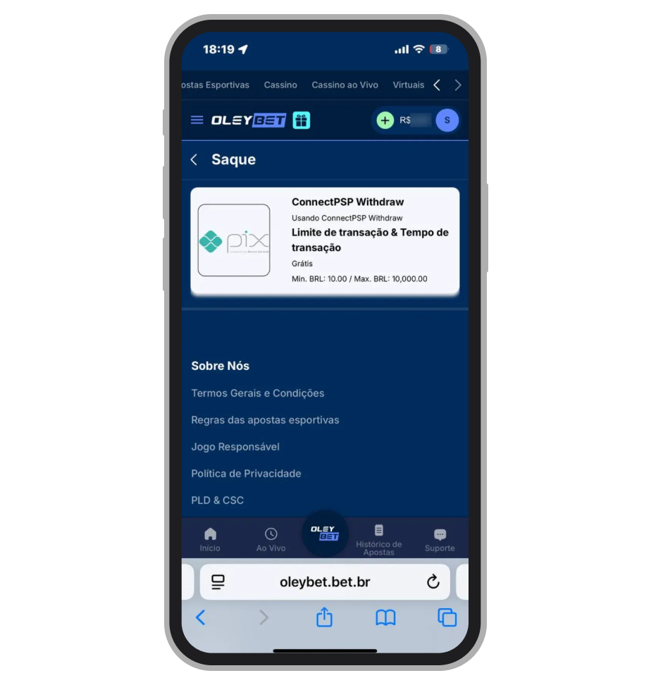 Saque mínimo e máximo no site da plataforma