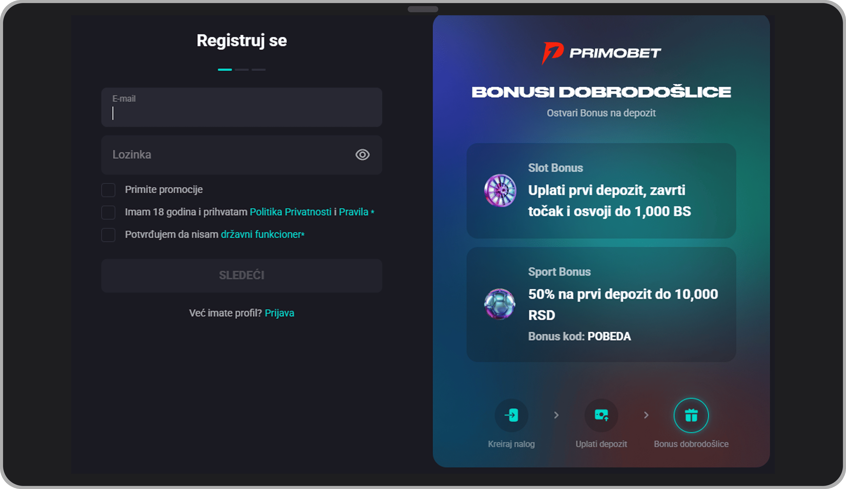 Registracija na Primobet