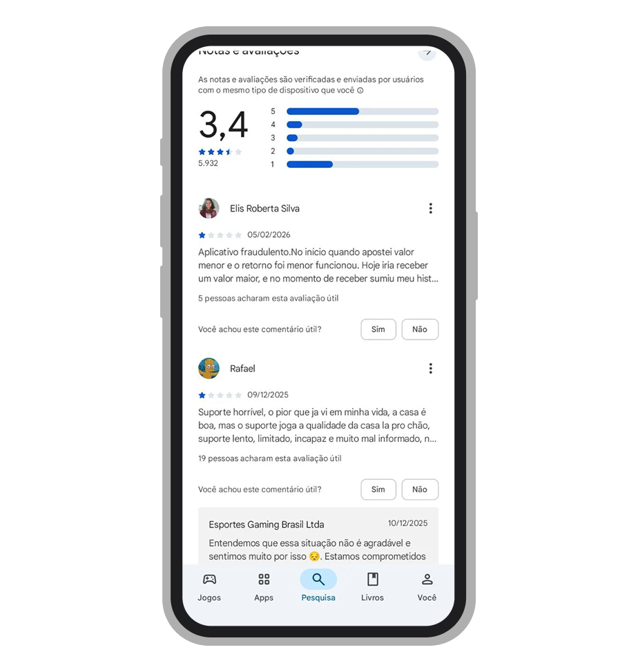 Avaliações do app da Esportes da Sorte na Play Store