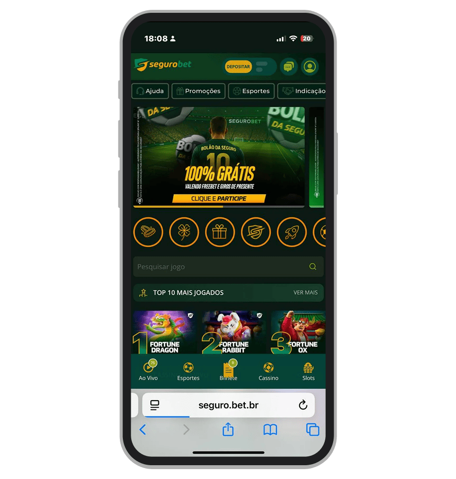 A tela inicial dosite mobile da Segurobet