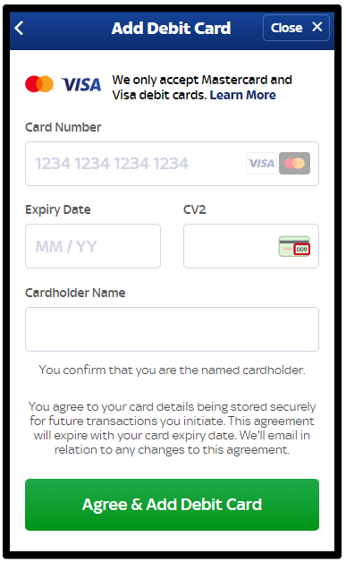 Entering debit card information