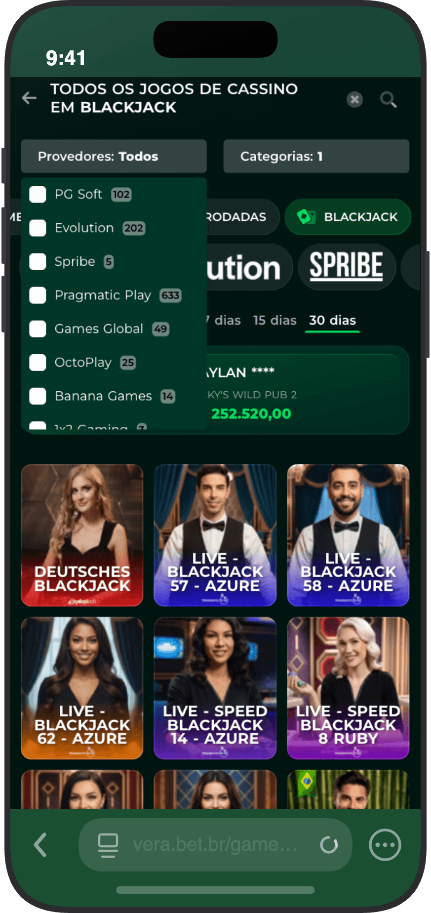 Filtro de provedores do cassino Vera.bet com contagem de jogos por estúdio incluindo Pragmatic Play 633 e Amusnet 222